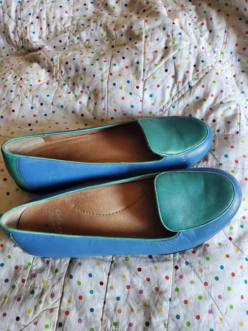 Dansko Women’s Two-Tone Blue & Teal Leather Loafers.